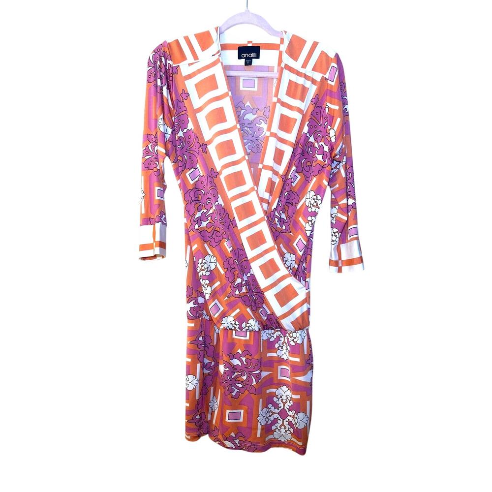 Analili Multicolor Abstract Paisley Wrap Dress Long Sleeve Purple Orange